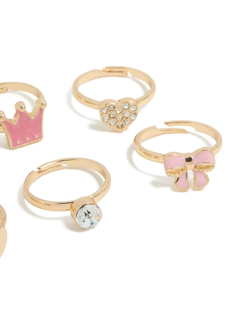 Kids Gold Glitzy Love & Princess Crown Rings 6-Pack