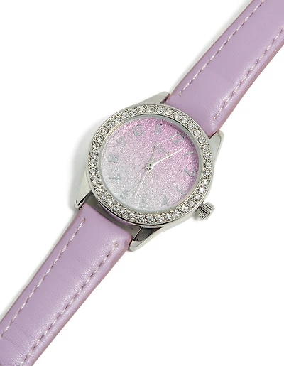 Kids Silver Glitter Dial PU Leather Watch