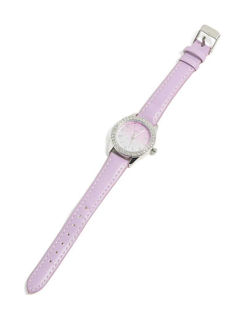 Kids Silver Glitter Dial PU Leather Watch