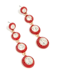 Boucles d’oreilles tombantes en diamant transparent doré et en émail rouge