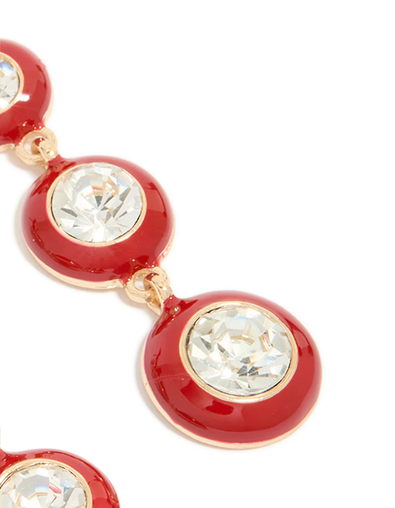Boucles d’oreilles tombantes en diamant transparent doré et en émail rouge