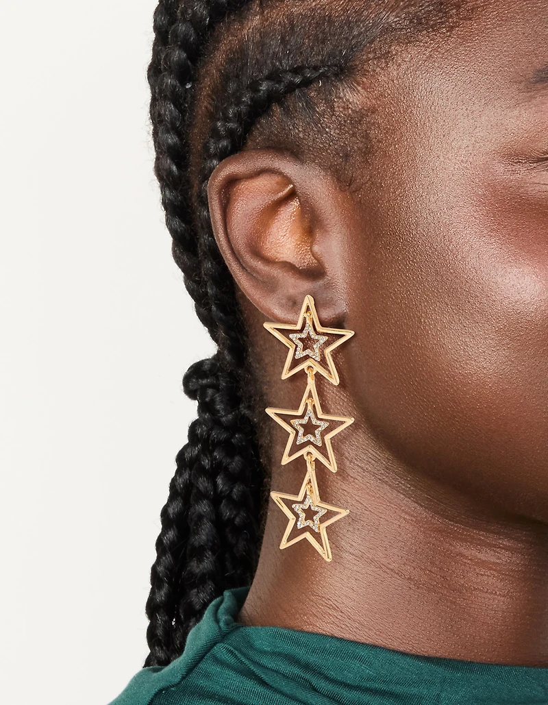 Gold Diamante Dazzling Star Trio Drop Earrings