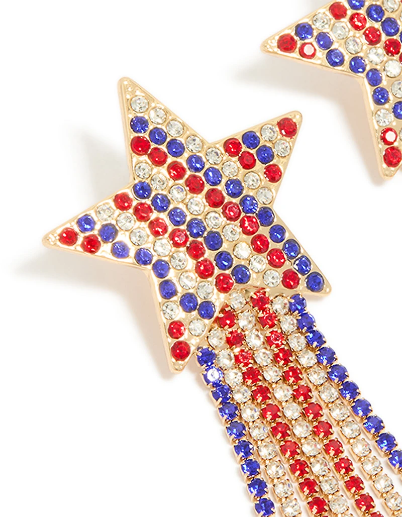 Boucles d’oreilles en chaîne en forme d’étoile en forme de gobelet dorée, rouge rouge et bleu Diamante
