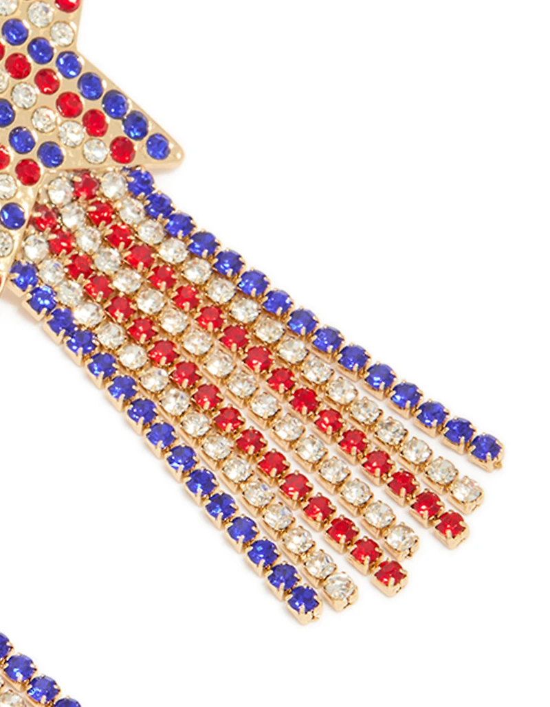 Boucles d’oreilles en chaîne en forme d’étoile en forme de gobelet dorée, rouge rouge et bleu Diamante