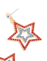 Gold Red & Blue Diamante Triple Star Drop Earrings