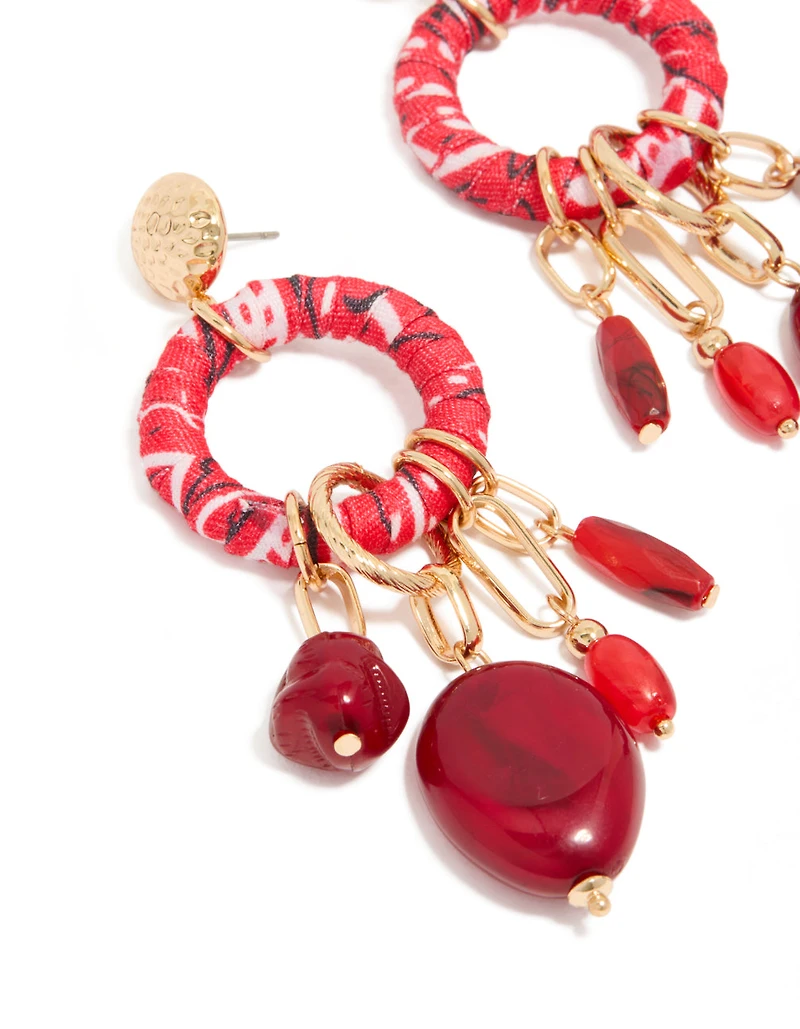 Gold Red Beaded & Paper Wrapped Drop Earrings