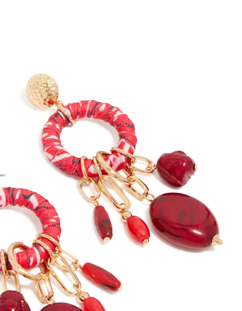 Gold Red Beaded & Paper Wrapped Drop Earrings