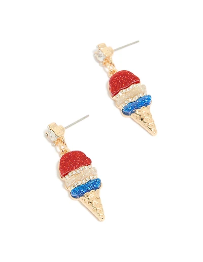Gold Red Blue & Clear Diamante Ice Cream Cone Drop Earrings