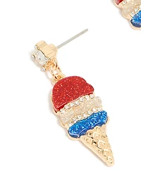 Gold Red Blue & Clear Diamante Ice Cream Cone Drop Earrings