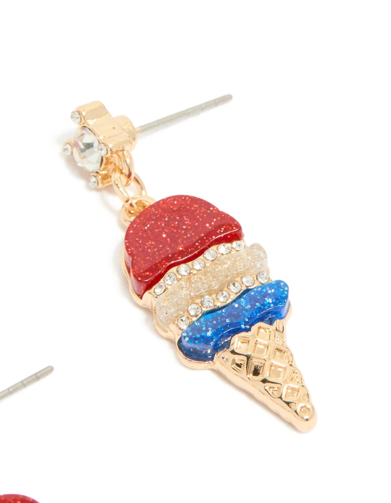 Gold Red Blue & Clear Diamante Ice Cream Cone Drop Earrings