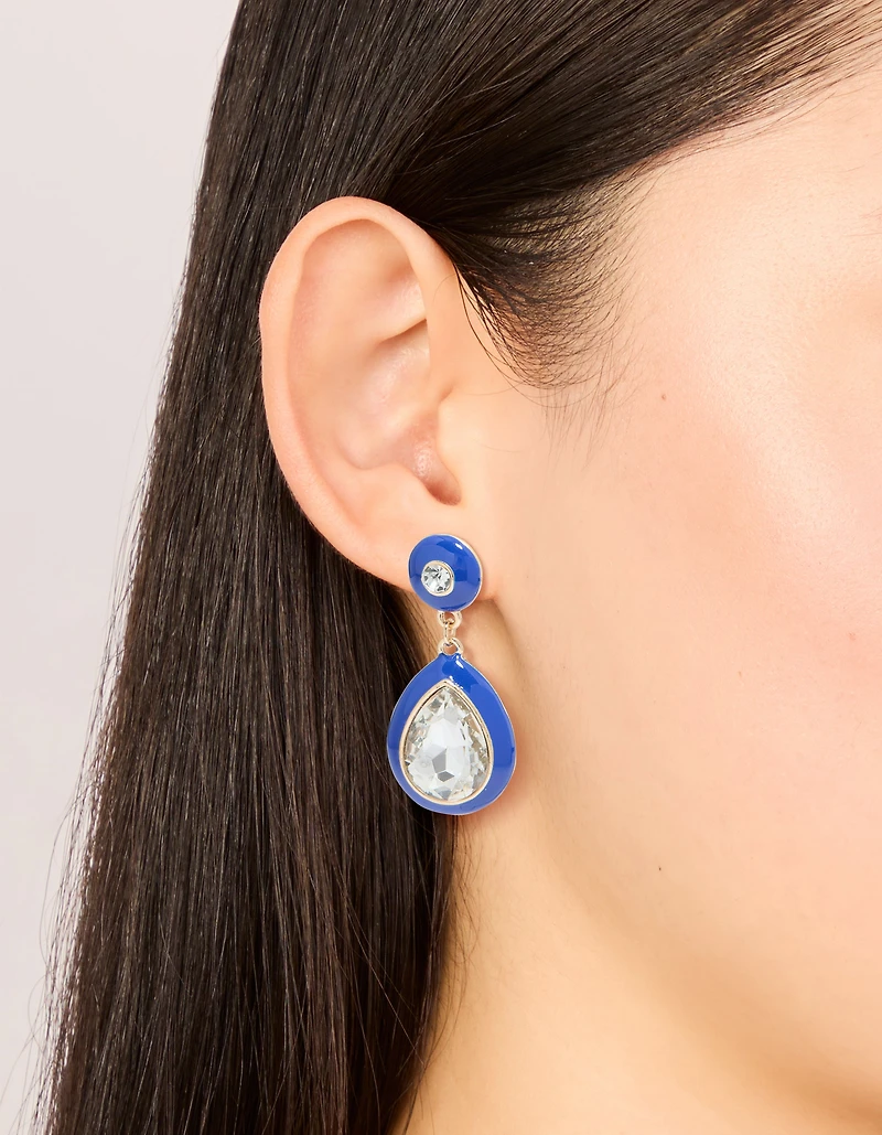 Boucles d’oreilles Diamante transparentes en émail bleu doré et poire transparente