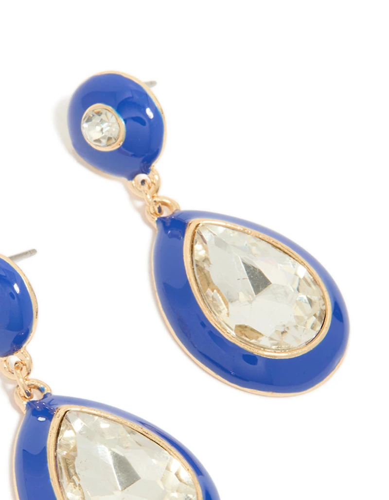 Boucles d’oreilles Diamante transparentes en émail bleu doré et poire transparente