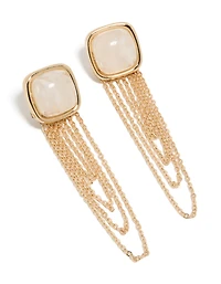 Gold White Stone & Layered Tassel Chain Drop Earrings