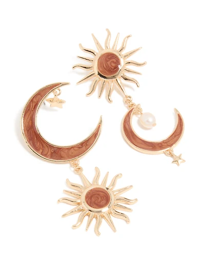 Gold Celestial Brown Marble Drop Earrings