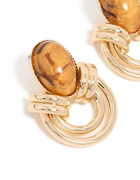 Gold Brown Stone & Double Lined Stud Earrings