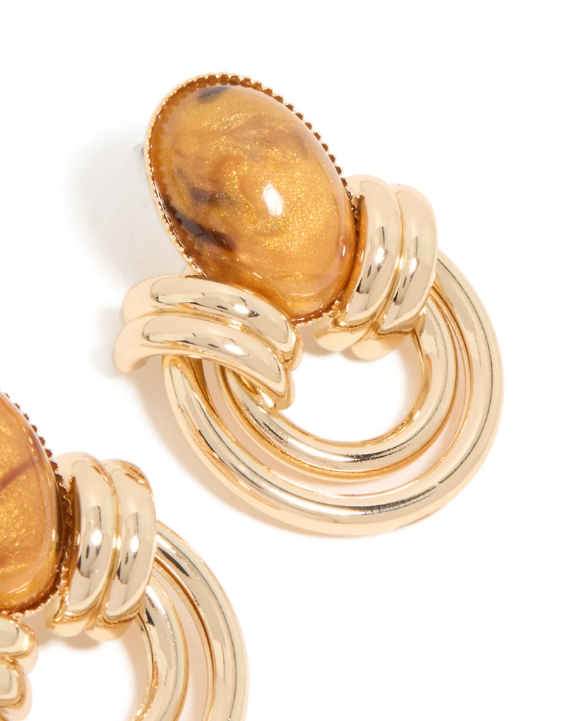 Boucles d’oreilles en pierre brun dorée et double doublure