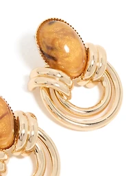 Boucles d’oreilles en pierre brun dorée et double doublure
