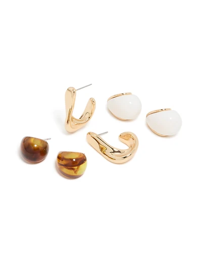 Gold Brown Acrylic & White Acrylic Earrings 3 Pack