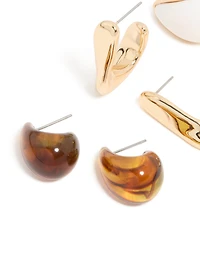 Gold Brown Acrylic &  White Acrylic Earrings 3 Pack