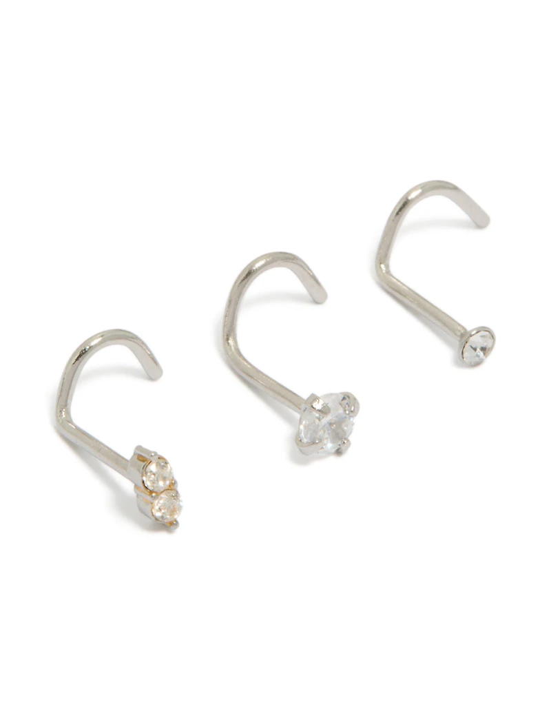 Surgical Steel Cubic Zirconia Mixed Nose Corkscrew Studs 3-Pack
