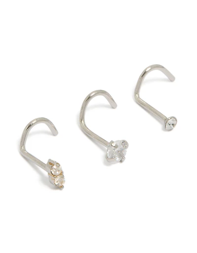 Surgical Steel Cubic Zirconia Mixed Nose Corkscrew Studs 3-Pack