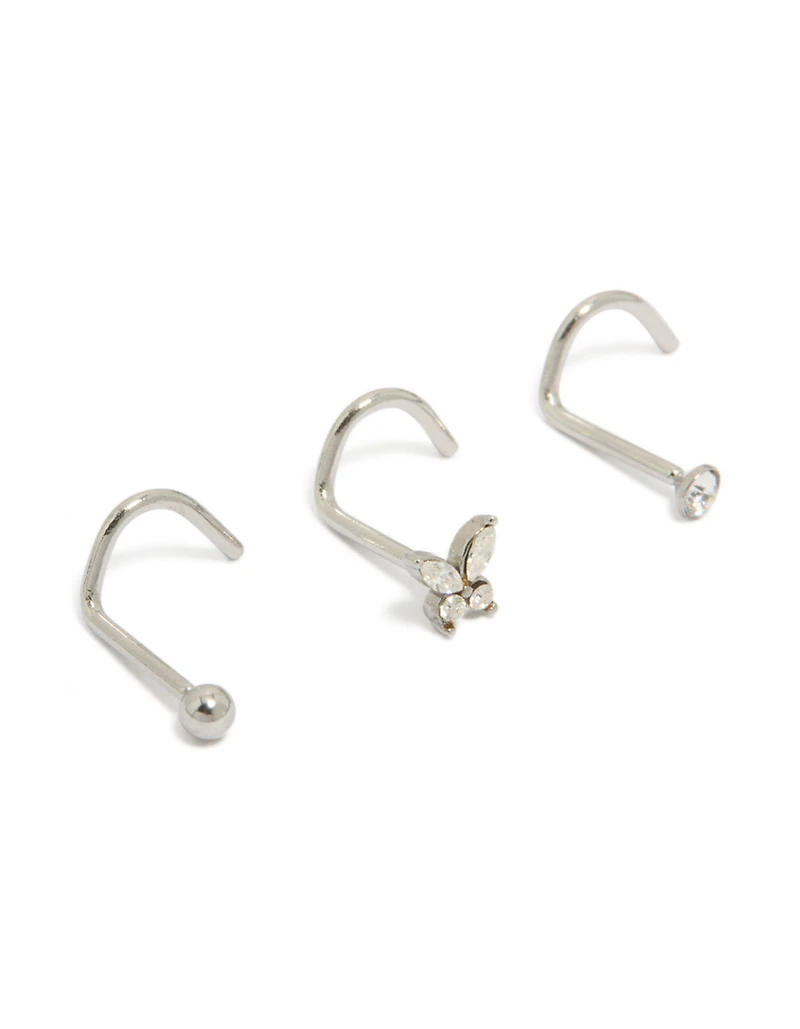 Surgical Steel Cubic Zirconia Butterfly Nose Corkscrew Studs 3-Pack