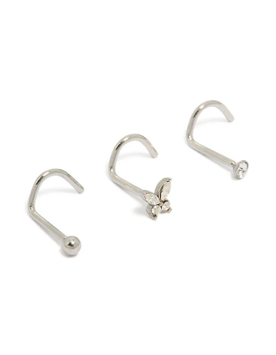 Surgical Steel Cubic Zirconia Butterfly Nose Corkscrew Studs 3-Pack