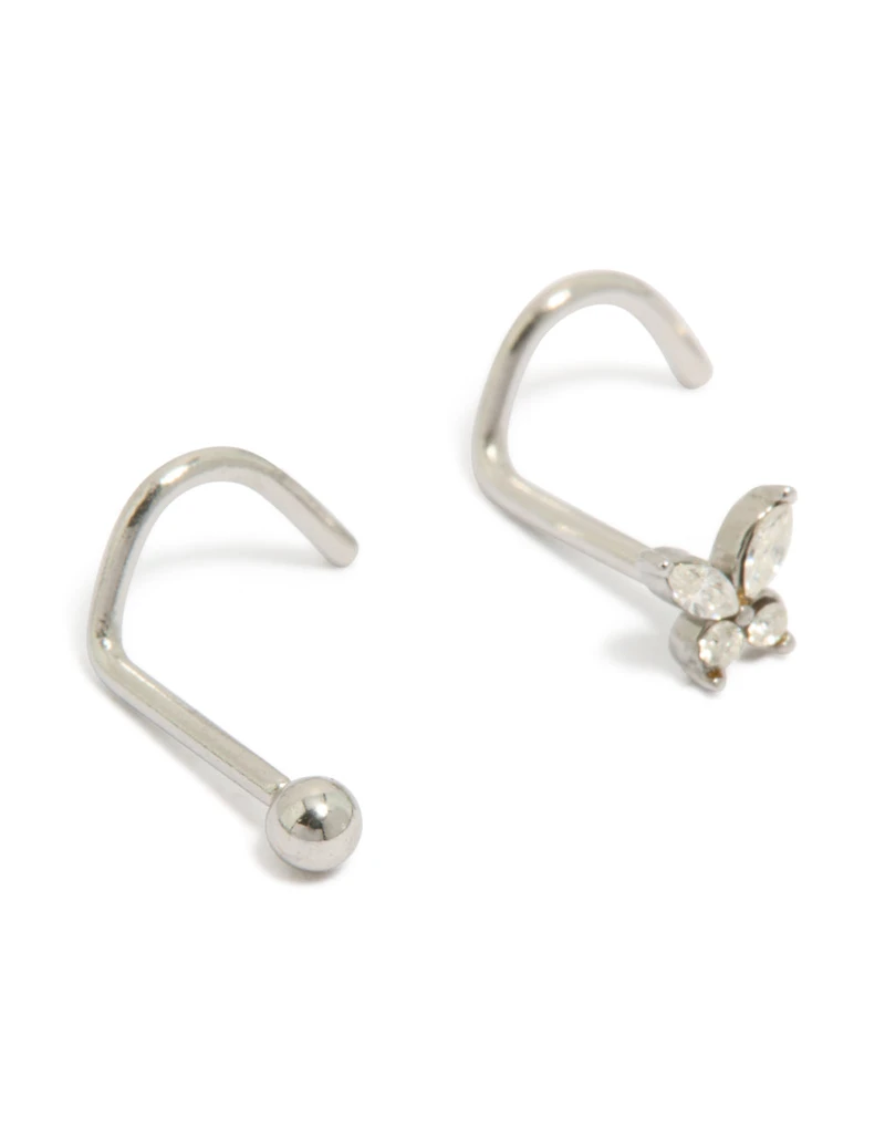 Surgical Steel Cubic Zirconia Butterfly Nose Corkscrew Studs 3-Pack