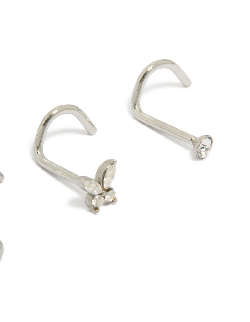 Surgical Steel Cubic Zirconia Butterfly Nose Corkscrew Studs 3-Pack