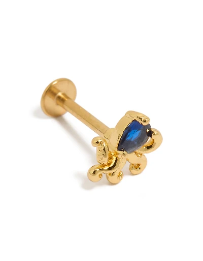 Gold Plated Surgical Steel  Blue Cubic Zirconia Octopus Single Flat Back Stud
