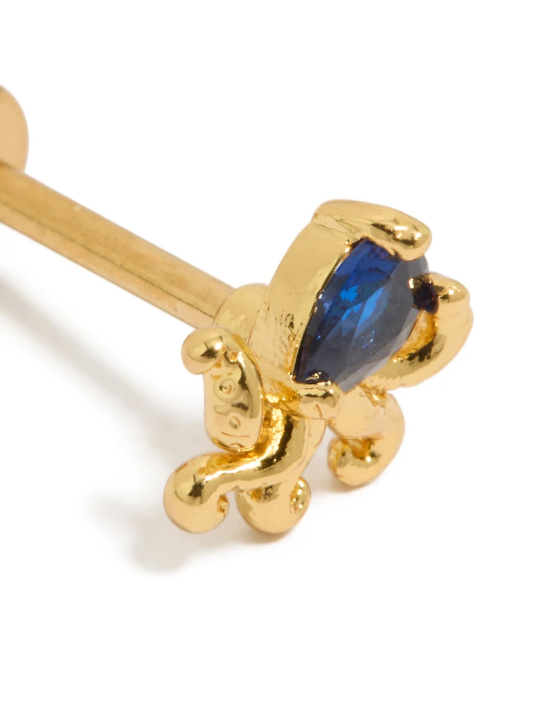 Gold Plated Surgical Steel  Blue Cubic Zirconia Octopus Single Flat Back Stud