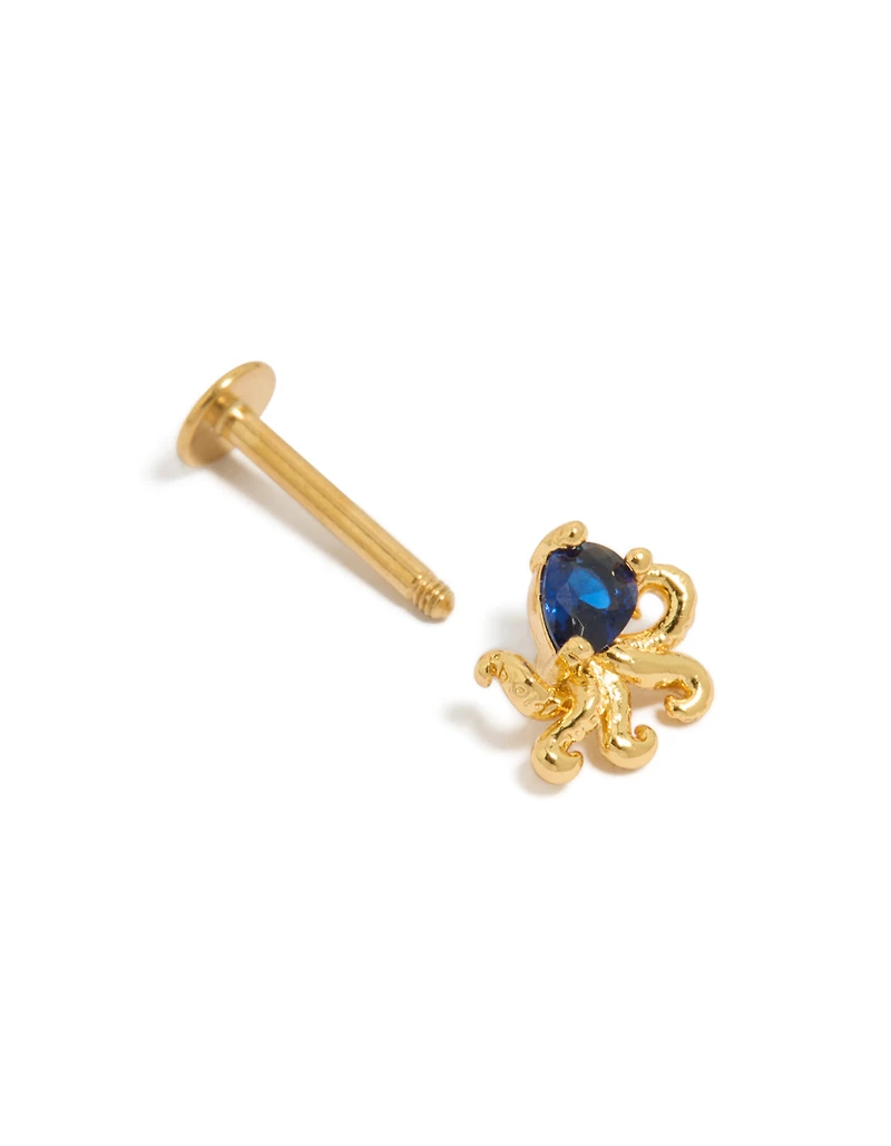 Gold Plated Surgical Steel  Blue Cubic Zirconia Octopus Single Flat Back Stud