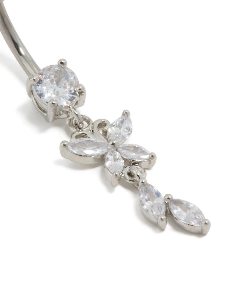 Titanium Cubic Zirconia Butterfly & Leaf Drop Belly Bar