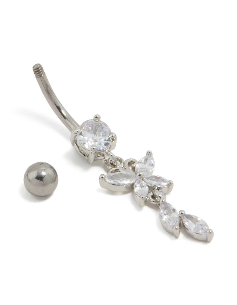Titanium Cubic Zirconia Butterfly & Leaf Drop Belly Bar