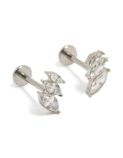 Surgical Steel Cubic Zirconia Triple Marquise Flat Back Studs
