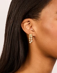Gold Plated  Cubic Zirconia Bezel Double Hoop Drop Earrings