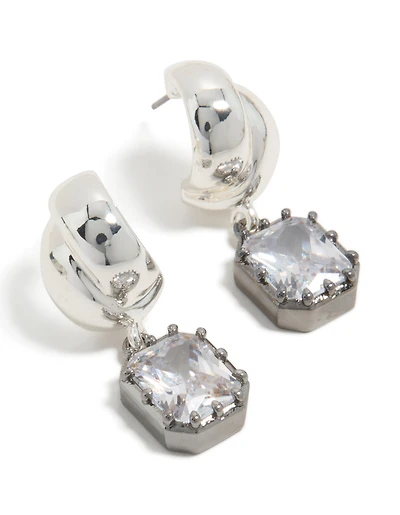 Silver & Gunmetal Plated Cubic Zirconia Square Drop Earrings