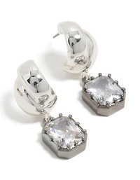 Silver & Gunmetal Plated Cubic Zirconia Square Drop Earrings