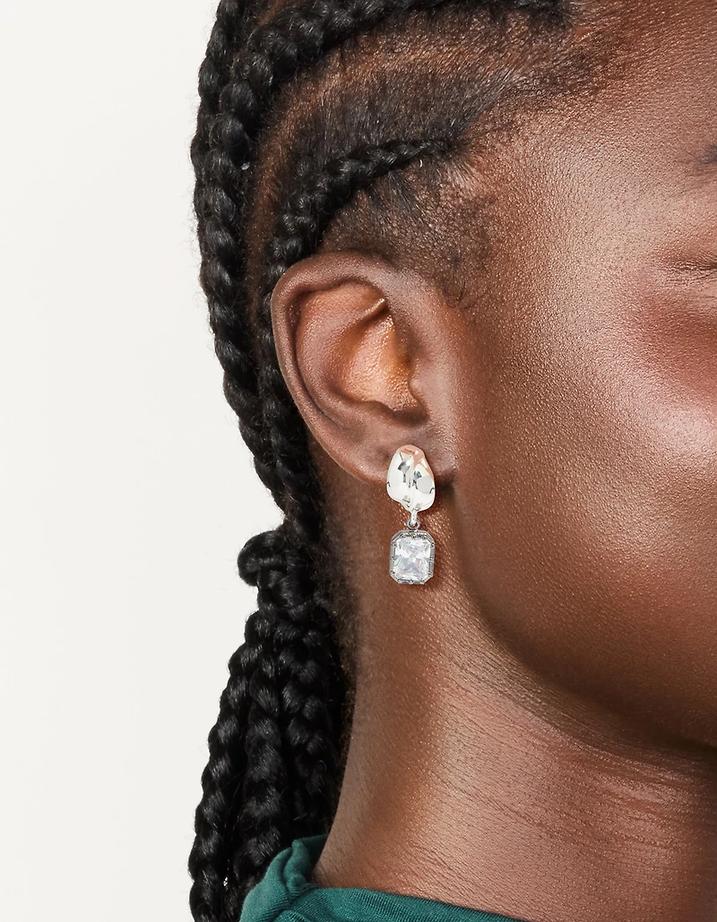 Silver & Gunmetal Plated Cubic Zirconia Square Drop Earrings