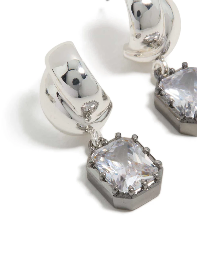 Silver & Gunmetal Plated Cubic Zirconia Square Drop Earrings