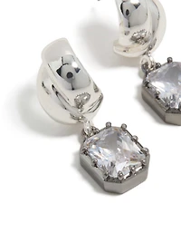 Silver & Gunmetal Plated Cubic Zirconia Square Drop Earrings