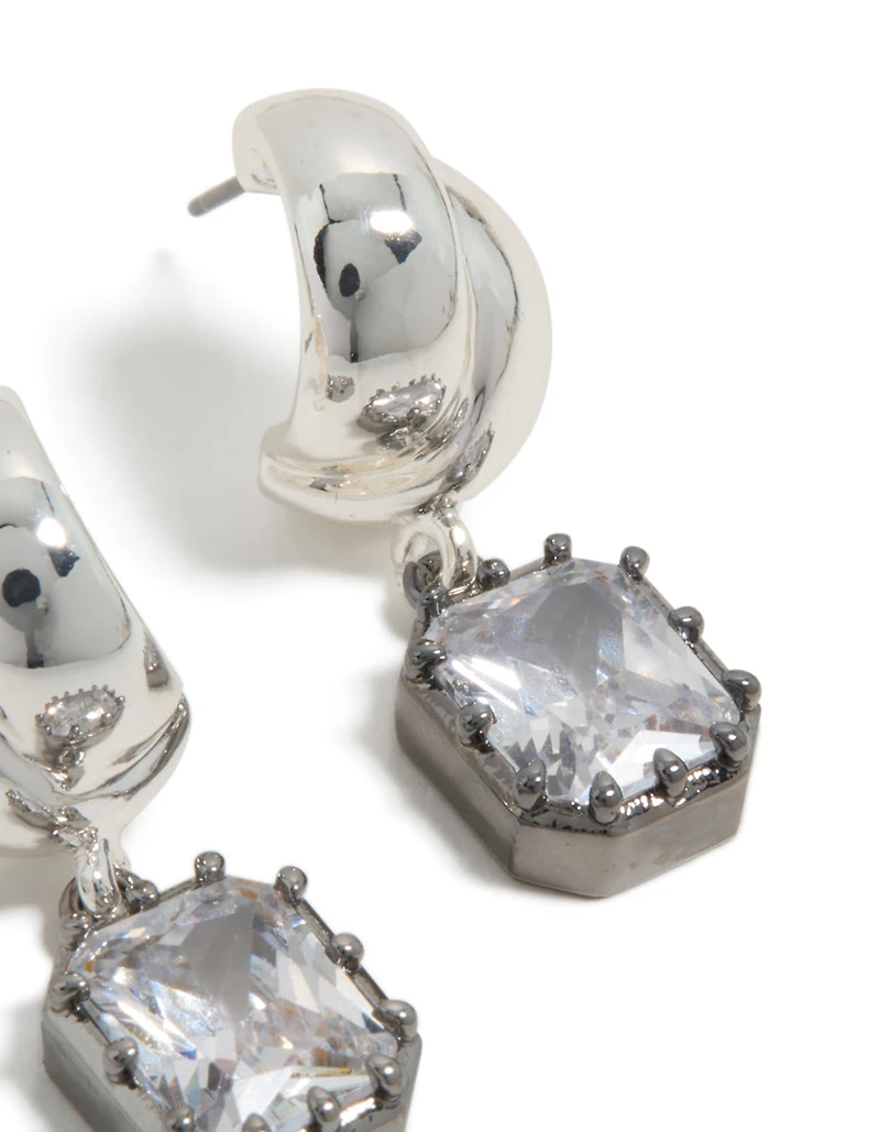 Silver & Gunmetal Plated Cubic Zirconia Square Drop Earrings