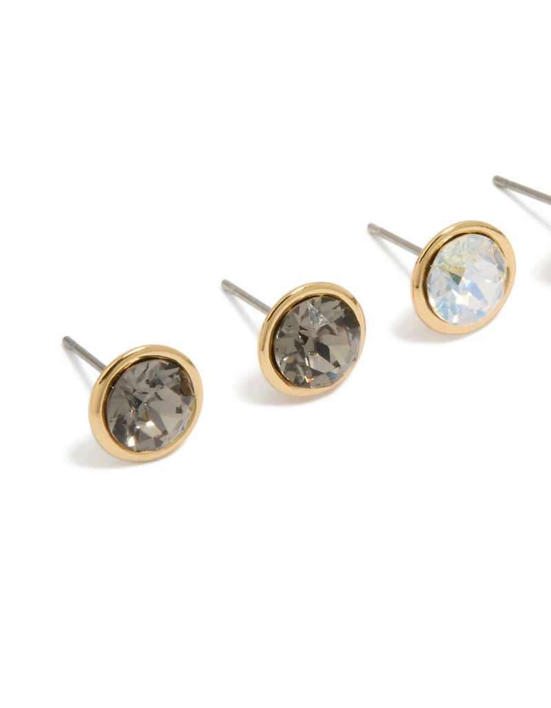 Gold Plated Cubic Zirconia Circle Stud Earrings 3-Pack