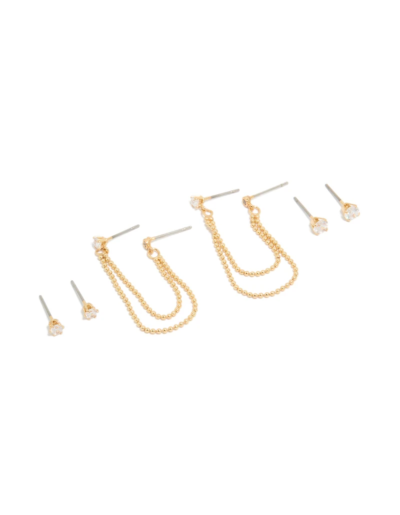 Gold Plated Cubic Zirconia Double Layered Chain & Stud Earrings 3-Pack