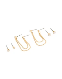 Gold Plated  Cubic Zirconia Double Layered Chain & Stud Earrings 3-Pack