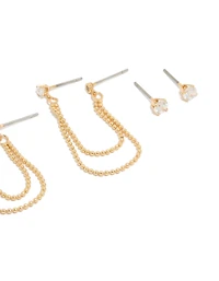 Gold Plated  Cubic Zirconia Double Layered Chain & Stud Earrings 3-Pack