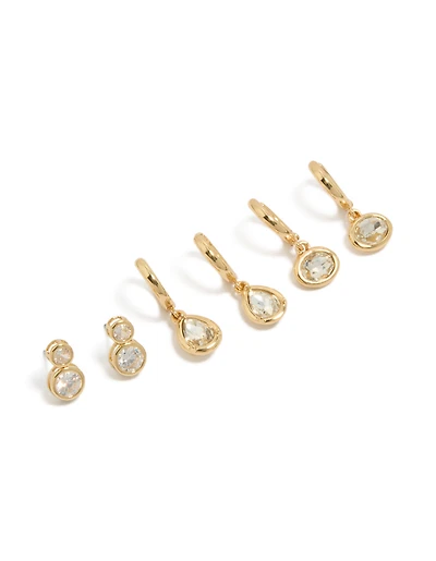 Gold Plated Cubic Zirconia Large Bezel Set Studs & Huggie Earrings 3-Pack