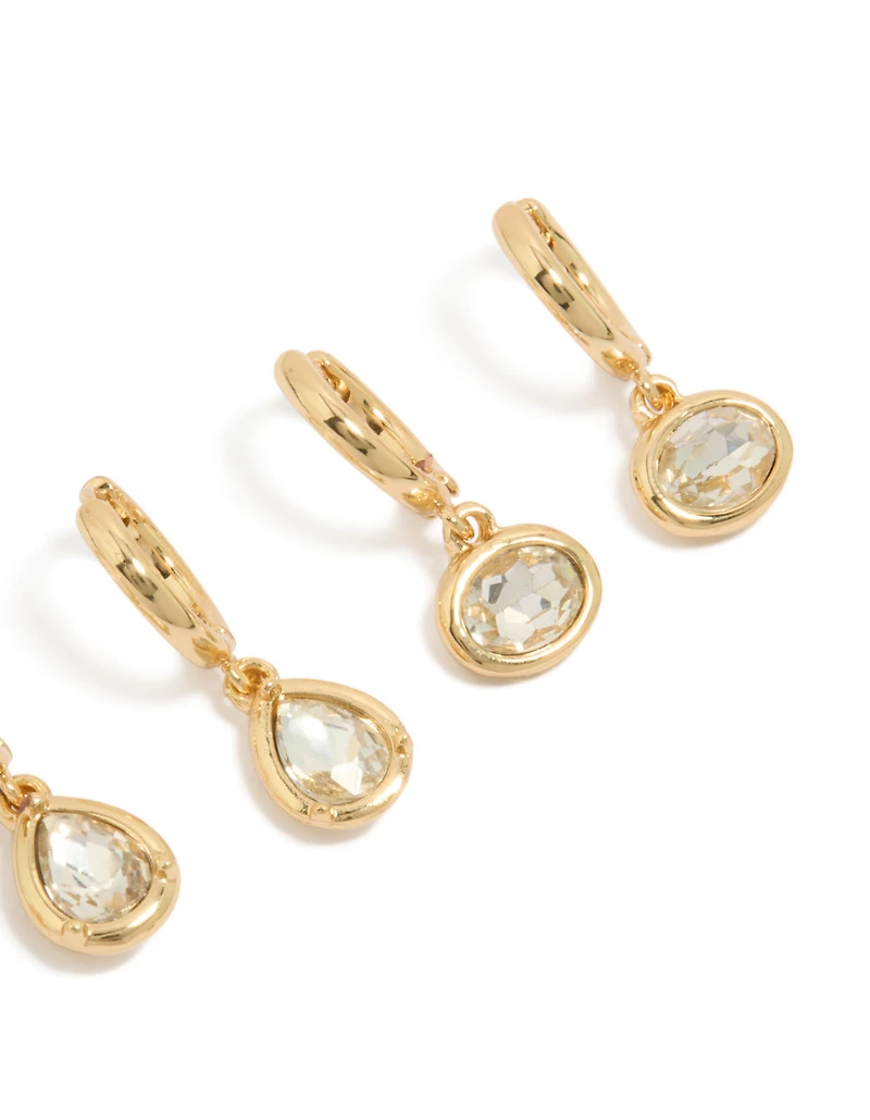 Gold Plated Cubic Zirconia Large Bezel Set Studs & Huggie Earrings 3-Pack