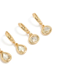 Gold Plated Cubic Zirconia Large Bezel Set Studs & Huggie Earrings 3-Pack
