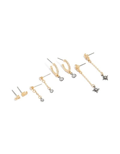 Mixed Metal Plated Cubic Zirconia Cluster Chain & Stud Earrings 4-Pack